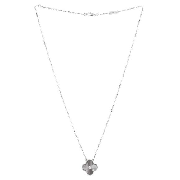 Van Cleef & Arpels Vintage Alhambra Pendant Necklace Guilloche 18K White Gold - - Picture 3 of 4